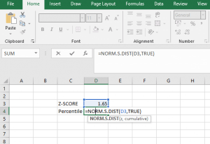 convert a z-score of 1.65 to a percentile in excel
